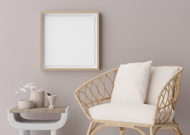 Boş kare kare çerçeve modeli odada. Boho tarzı. Sanat eserleri için boş yer, poster. Rattan koltuğu. Ahşap çerçeve, şablon. Manzarayı kapat. 3B görüntüleme