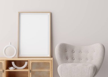 Odada boş dikey çerçeve modeli var. Çağdaş, modern tarz. Sanat eserleri için boş yer, poster. Koltuk, büfe, vazo. Ahşap çerçeve, şablon. Manzarayı kapat. 3B görüntüleme