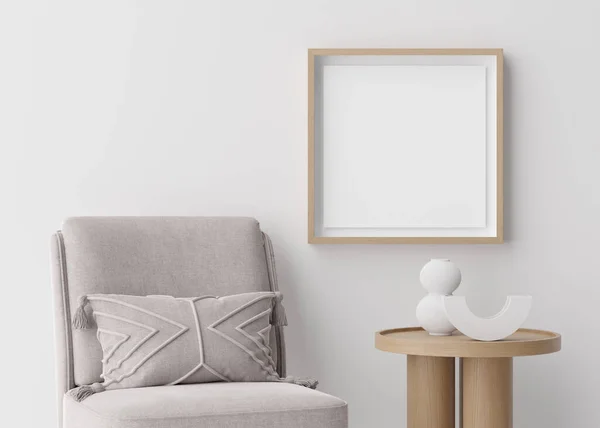 房间里的空白正方形相框 现代风格 空地方的艺术品 扶手椅 木制框架模型 3D渲染 — 图库照片