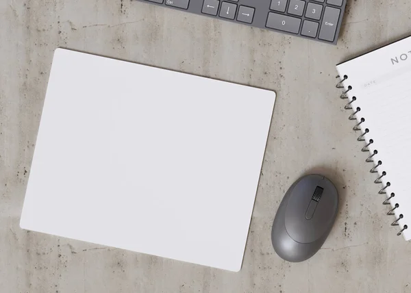 Blank and white computer mouse pad on the desk at home. Mousepad mockup. Copy space for your picture or text. Empty mouse mat ready for your design. Mock up, template. 3D render