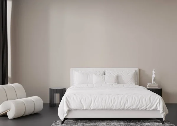 室内模拟 阁楼风格 现代卧室的空墙 复制空间为您的艺术作品 当代风格室内设计 带床的公寓或宾馆房间 3D渲染 — 图库照片