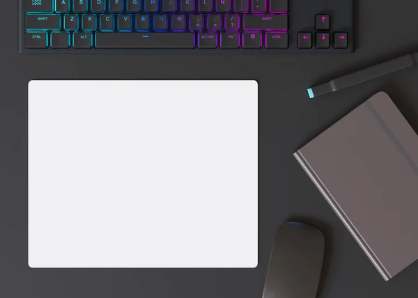 Blank and white computer mouse pad on the desk at home. Mousepad mockup. Copy space for your picture or text. Empty mouse mat ready for your design. Mock up, template. 3D render
