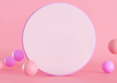 3D küreli pembe arkaplan ve metin için boş alan. Kopya uzayı ile boş daire şekli. Reklamınızı, anonsunuzu, logonuzu buraya koyun. Canlı renkler. 3B görüntüleme