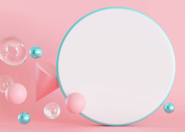3D şekilli pembe arkaplan ve metin için boş alan. Fotokopi uzayı olan beyaz, boş daire şekli. Reklamınızı, anonsunuzu, logonuzu buraya koyun. Pastel renkler. 3B görüntüleme