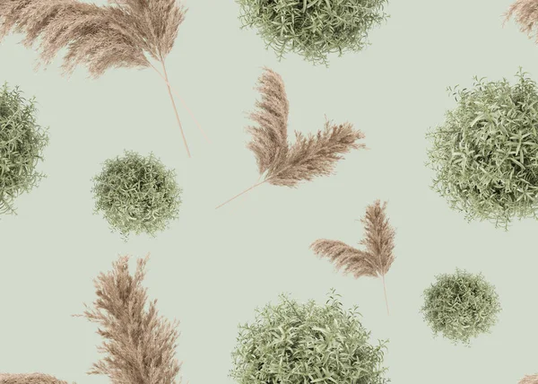 Pastel green seamless pattern with pampas grass. Applicable for fabric print, textile, wrapping paper, wallpaper. Botanical background with dried leaves. Boho style. Repeatable texture. 3D render