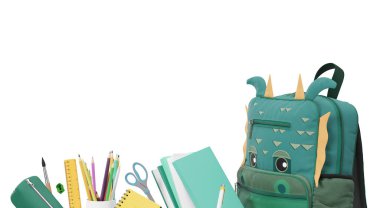 Renkli okul kırtasiyesi, malzemeler beyaz arka planda izole edilmiş. Alt sınır. Posterler, reklamlar için başvurulabilir. Eğitim, kreş, anaokulu. Okul alışverişine, satışa. Üç Boyut