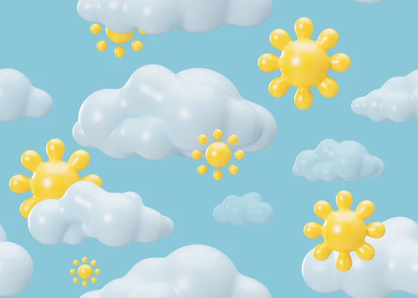 青い背景に黄色の3D太陽と雲とシームレスなパターン ファブリックプリント テキスタイル 壁紙に適用されます 繰り返しの質感 漫画スタイル 子供の寝具 服のパターン 3Dレンダリング — ストック写真
