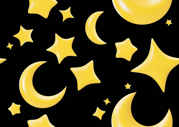 Płynny Wzór Żółtymi Gwiazdami Księżycami Czarnym Tle Dotyczy Druku Tkanin — Zdjęcie stockowe