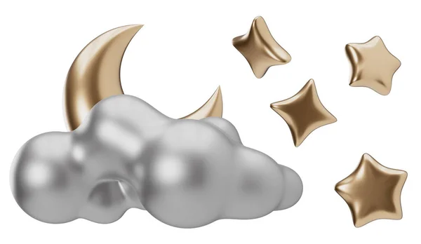 Arany Hold Csillagok Ezüst Felhő Elszigetelt Fehér Háttérrel Kivágni Tervezési — Stock Fotó