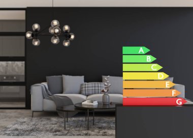 Energy efficiency rating chart and home interior. Ecological and bio energetic house. Energy class, performance certificate, rating graph. Eco friendly, energy saving. 3d rendering clipart