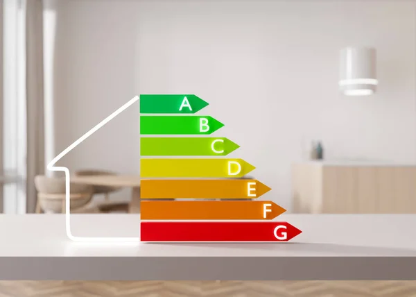 stock image Energy efficiency rating chart and home interior. Ecological and bio energetic house. Energy class, performance certificate, rating graph. Eco friendly, energy saving. 3d rendering