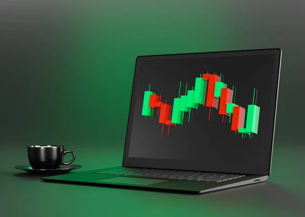 交易图表和笔记本电脑的黑色背景和复制空间的文字 交易电脑 卖在股票市场上 商人的工作 从家里的贸易 金融和分析 3D渲染 — 图库照片