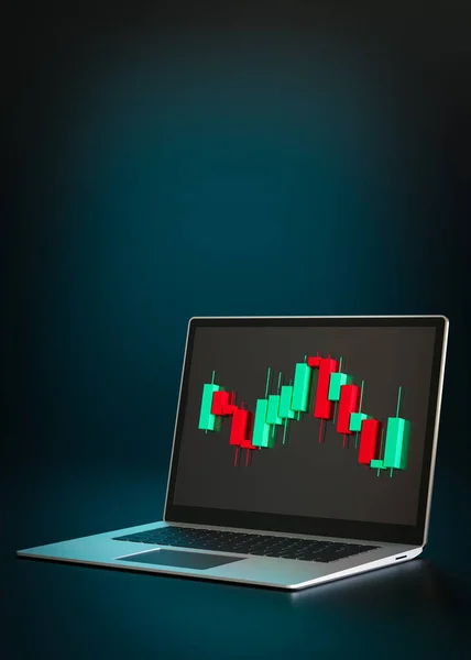 Trading Diagramm Und Laptop Auf Dunklem Vertikalen Hintergrund Und Kopieren — Stockfoto