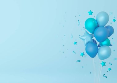 Helyum balonları, yıldızlar ve kopyalama uzayı olan mavi arkaplan. Mesaj atmak için boş yeri olan bir çocuk arkaplanı. Bebek partisi ya da doğum günü daveti, parti. Erkek bebek doğum anonsu. 3 Boyutlu Hazırlama