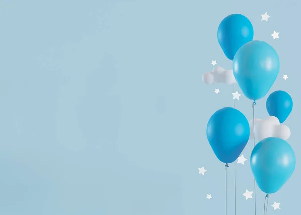 Синій Фон Гелієвими Кульками Зірками Пробілами Копіювання Дитячий Фон Порожнім — стокове фото
