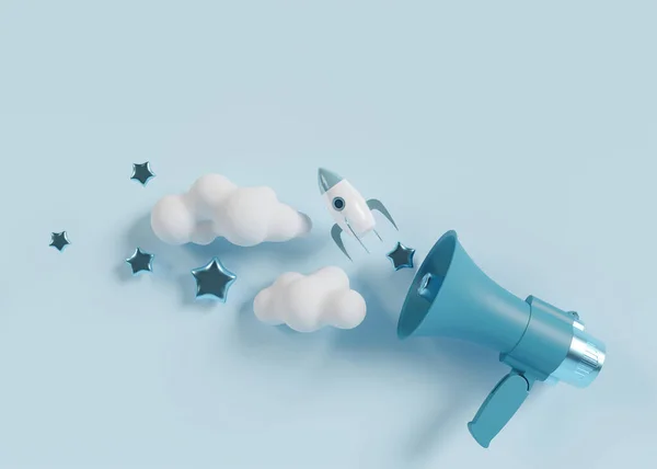 Megafone Azul Com Foguete Nuvens Estrelas Espaço Cópia Acima Menino — Fotografia de Stock