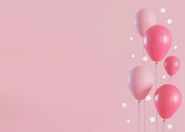 Рожевий Фон Гелієвими Кульками Зірками Простором Копіювання Дівчина Фоні Порожнім — стокове фото