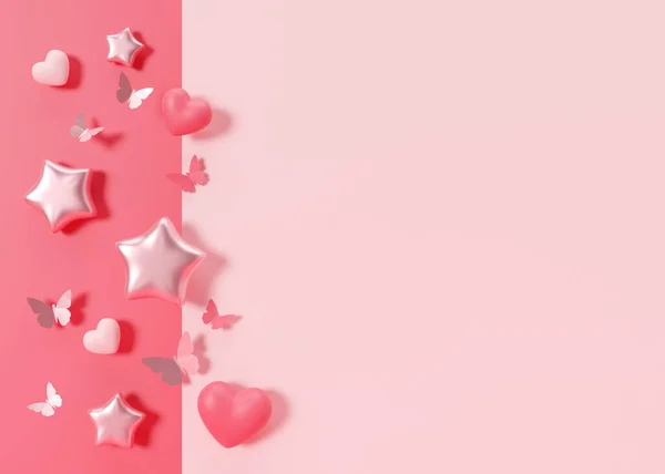 粉色背景与心 星星和复制空间 这是一个女孩的背景 里面空空荡荡的文字空间 婴儿淋浴或生日请柬 女婴出生公告 3D渲染 — 图库照片