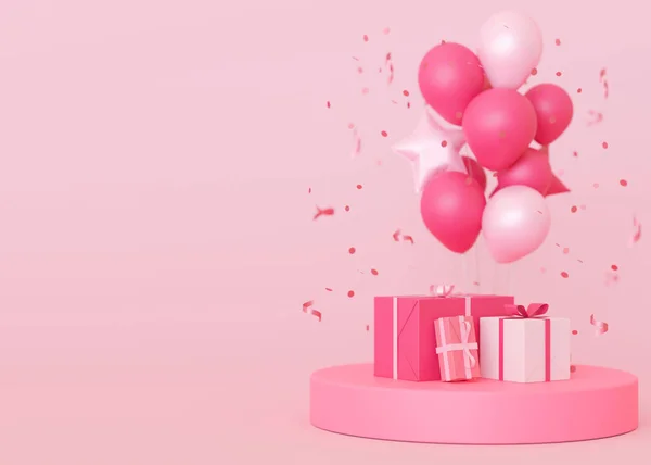 Рожевий Фон Гелієвими Кульками Подарунками Місцем Тексту Дівчина Фоні Порожнім — стокове фото
