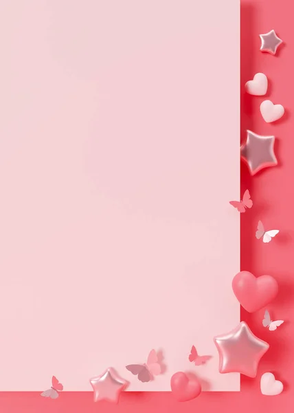 Fundo Rosa Com Corações Borboletas Estrelas Espaço Cópia Cenário Vertical — Fotografia de Stock