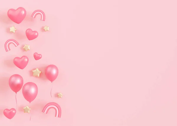 Розовый Фон Сердцами Звездами Воздушными Шарами Пространством Копирования Девочка Пустым Лицензионные Стоковые Фото