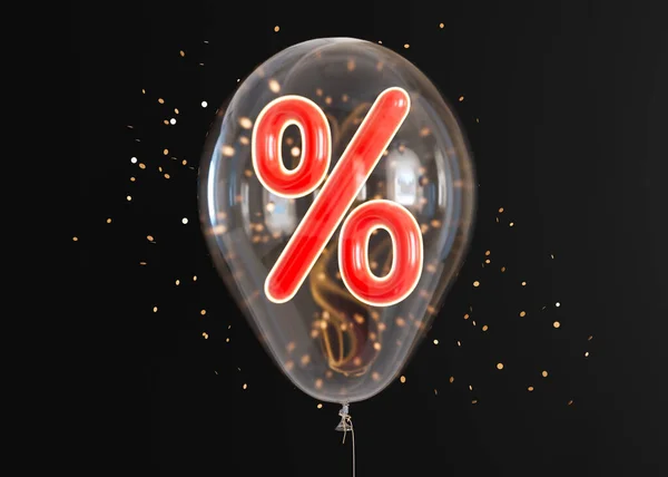Transparent balloon with red discount sign inside and confetti on black background. Percent symbol. Sale, special offer, good price, deal, shopping. Sale off promotion. Percentage. Black Friday. 3D