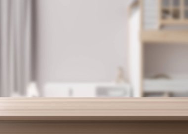 Boş ahşap masa üstü ve arka planda bulanık çocuk odası. Nesne, ürün ve oyuncak sunumunuz için alanı kopyalayın. Gösteri, promosyon, reklam. 3B görüntüleme