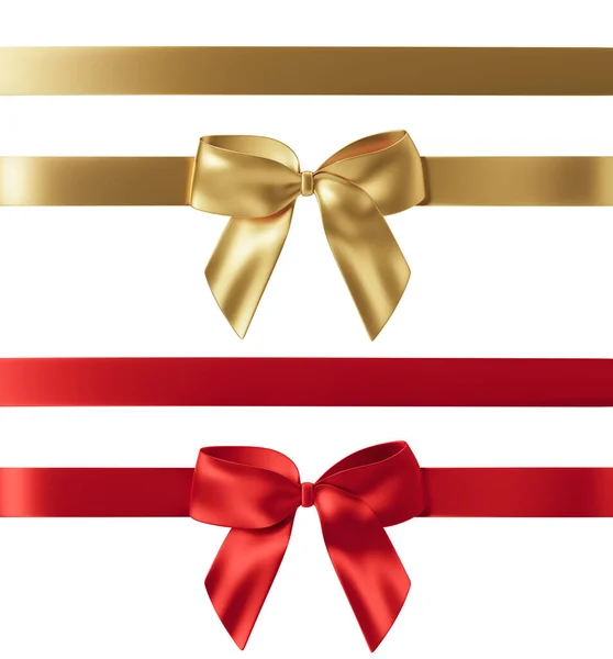 Two golden and red ribbons and bows isolated on white background. Design elements for greeting card, invitation, advertising. Realistic ribbon, bow. Merry Christmas, Birthday celebration. 3D render