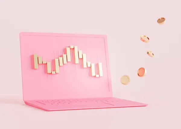 Golden trading chart, flying coins and laptop on pink background. Trading for women. Buy, sell on stockmarket. Stock trade data on graph with japanese sticks. Female trader. Trade from home. 3D