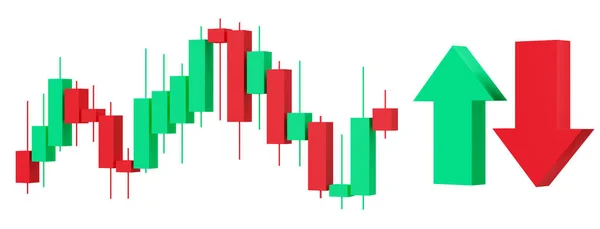 Trading chart, green and red arrows isolated on white background. Stock trade data on graph with japanese sticks. Financial diagram with assets values moving up and down. Cut out elements. 3D