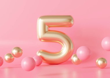 Pembe arka planda altın beş numara. 5 yaşındaymış. Beşinci Doğum Günü Kutlaması. Kızlar partisi. Özel bir olay. Güzellik şirketinin yıldönümü, kadın işleri. 3B Hazırlama