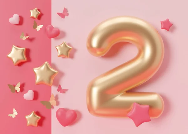 Golden number two on pink background. 2 Years Old. Second Birthday Celebration. Girls party. Baby girl celebrates. Special event. Anniversary of the beauty company, womens business. 3D Render
