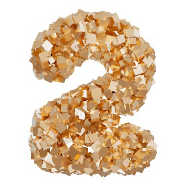Altın iki numara, beyaz arka planda izole edilmiş. Sembol 2, parlak altın parçacıklarından yapılmış. Moda, lüks, modern tasarım unsuru. Nesneyi kes. Yıldönümü ya da ikinci doğum günü. Özel bir olay. Üç Boyut