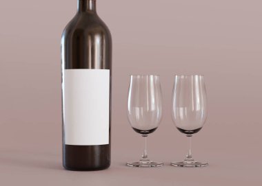 Şarap şişesinde beyaz, boş bir etiket. Tasarım, reklam, logo için şablon. Etiket maketi. Yakın çekim görüntüsü. Uzayı kopyala Minimalist şişe çıkartması modeli. 3B görüntüleme