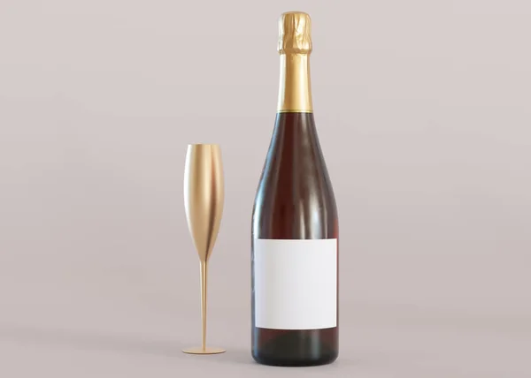 White, blank label on champagne bottle. Template for your design, advertising, logo. Label mock up. Close-up view. Copy space. Minimalist bottle sticker mockup. 3D rendering