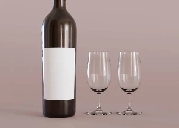 White, blank label on wine bottle. Template for your design, advertising, logo. Label mock up. Close-up view. Copy space. Minimalist bottle sticker mockup. 3D rendering