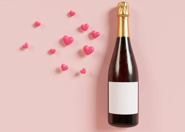 White, blank label on champagne bottle. Template for your design, advertising, logo. Label mock up. Close-up view. Copy space. Minimalist bottle sticker mockup. Pink background with hearts. 3D