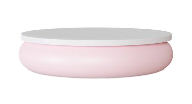 Beyaz arka planda pembe ve beyaz podyum. Ürün için zarif bir aşama, kozmetik sunum. Modern model. Güzellik ürünleri için yayalar veya platformlar. Boş sahne. 3B görüntüleme