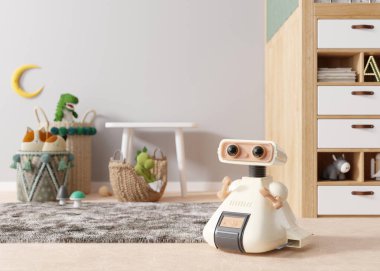 Evde şirin bir robot var, çocuk odasında. Eğitim için yapay zeka, dijital teknoloji. Robot bilimi, bilim kurgu. Teknolojik ilerleme. Öğrenmek ya da çocuklarla oynamak için robotlar. 3 Boyutlu Hazırlama