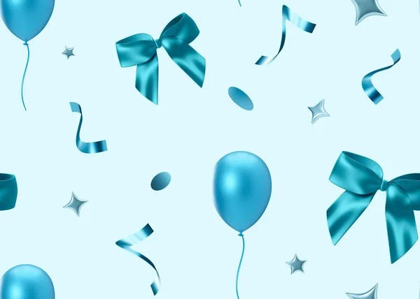 Blue seamless pattern with balloons, confetti. Applicable for fabric print, textile, wallpaper, gifts wrapping paper. Repeatable texture. Modern style, pattern for boys. 3D