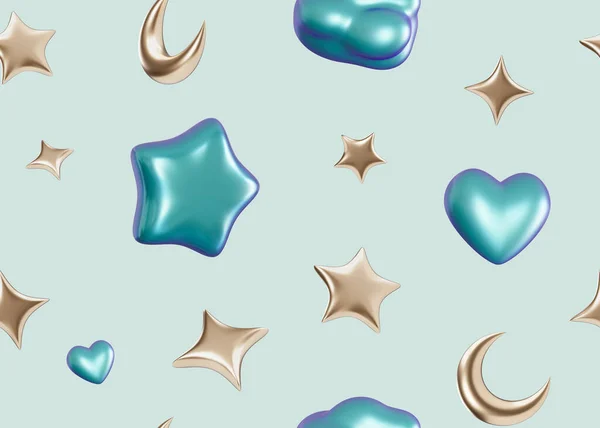 Light green seamless pattern with stars, moons, hearts. Applicable for fabric print, textile, wallpaper, gifts wrapping paper. Repeatable texture. Modern style, pattern for boys bedding, clothes. 3D