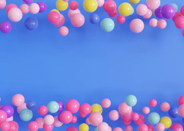 Canlı, renkli toplar, mavi arka planda balonlar, şenlikli ya da eğlenceli temalar için ideal. Boşluk, kopyalama alanı. Parti için arka plan ya da kutlama davetiyeleri, çocuk partileri, oyun merkezleri. Üç Boyut