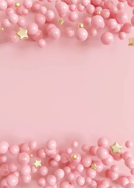 Pink background with bubbles, stars and copy space. Its a girl vertical backdrop with empty space for text. Baby shower or birthday invitation, party. Baby girl birth announcement. 3D render
