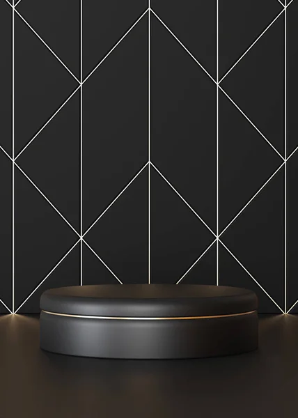 Black and golden podium on black background. Elegant stage for product, cosmetic presentation. Luxury mock up. Pedestal, platform for beauty products. Empty scene. Display, showcase. 3D render