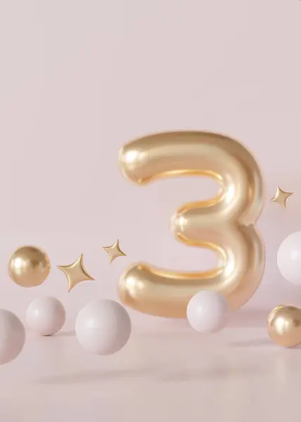 Golden number three with bubbles and stars on beige background. Symbol 3. Third birthday party, business anniversary, or any event celebrating a third milestone. Copy space for text. Vertical 3D