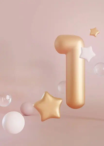 Golden number one and floating bubbles and stars on beige background. Symbol 1. Invitation for a first birthday party, business anniversary, or any event celebrating a first milestone. Vertical 3D