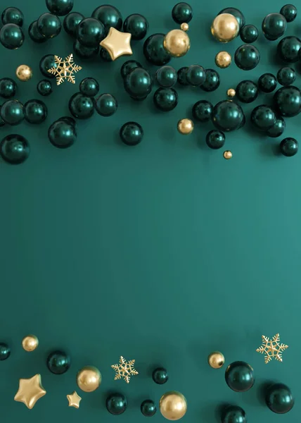 Vertical Christmas background with space for text, featuring a sophisticated array of teal and gold baubles with golden snowflakes and stars on a deep teal surface, perfect for festive designs. 3D