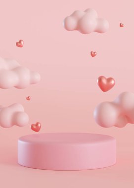 Bulutlu ve kalpli pembe bir podyum. Sevgililer Günü, Anneler Günü, Düğün. Ürün için görünüm, kozmetik sunum. Model yap. Güzellik ürünleri için yayalar veya platformlar. Fotokopi alanı olan sahne. Üç Boyut