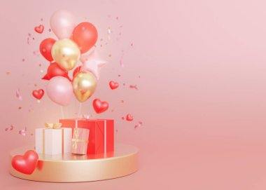 Kırmızı, pembe ve altın balonlar, kalpler, konfeti ve hediye kutuları yuvarlak kaidede pembe arka planda. Uzayı metin için kopyala. Sevgililer Günü, Kadınlar, Anneler Günü arkaplanı. Tebrik kartı tasarımı. Üç Boyut