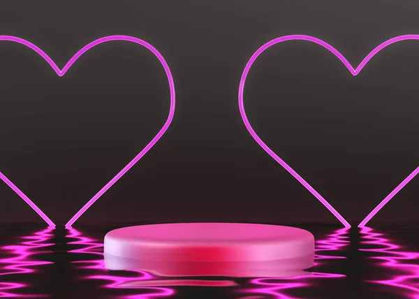 Striking scene with neon heart outlines and radiant pink cylindrical podium, against dark background with reflective ripples. Valentines Day. Stage with copy space for product presentation. 3D